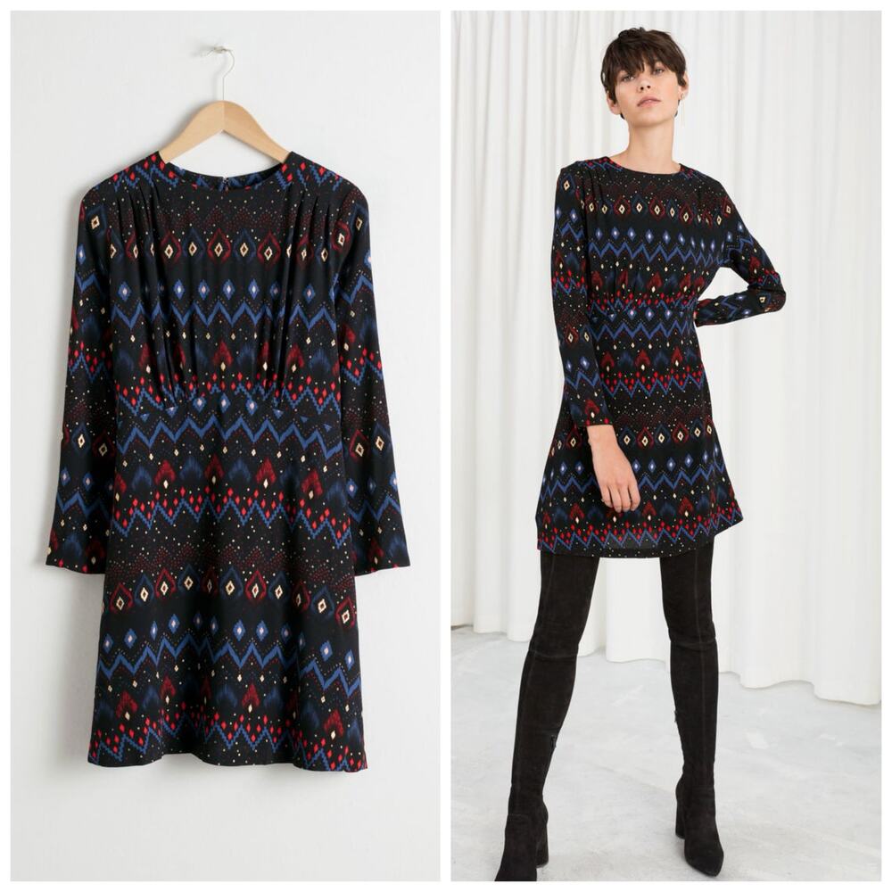✨2/$30✨ & Other Stories Aztec Print Long Sleeve Fit & Flare Dress Size 2 Black